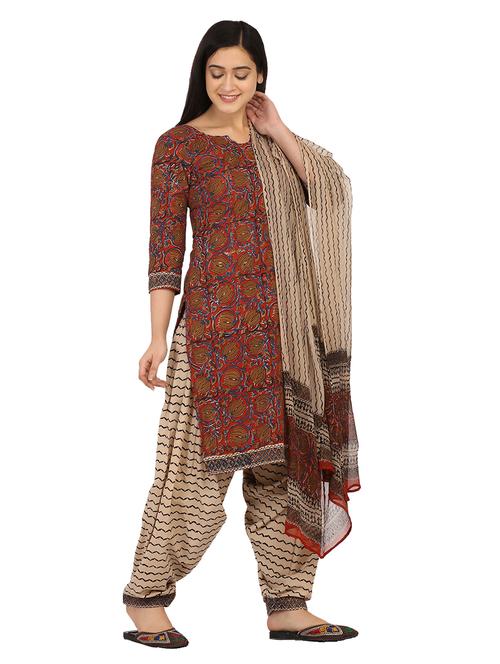 red cotton unstitched suit - 17603435 - Very Small Image - 1