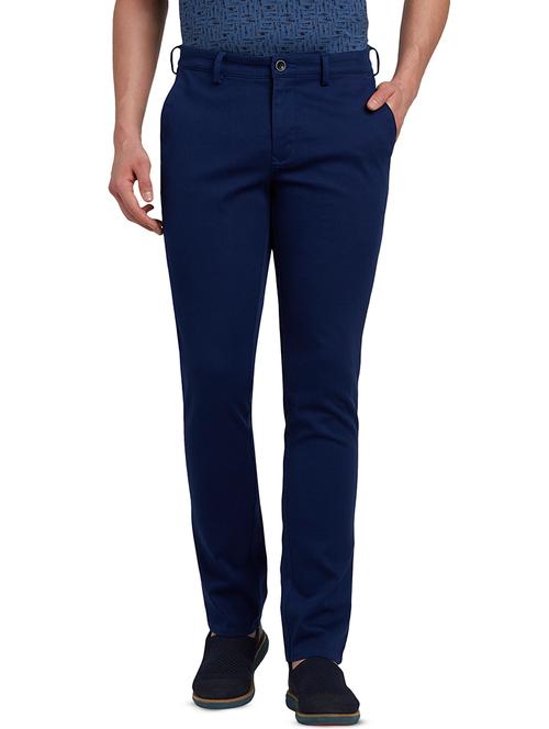navy blue solid flat front casual trouser - 17605795 - Very Small Image - 1