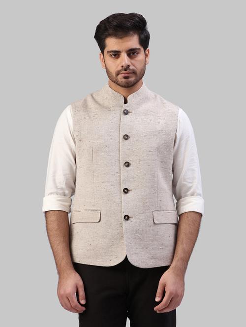 beige solid nehru jacket - 17606652 - Very Small Image - 1