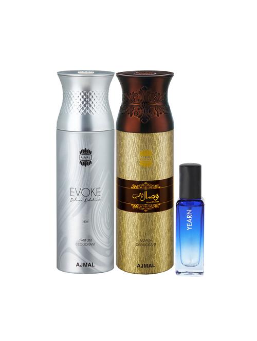 ajmal evoke & wisal dhahab deo each 200ml & yearn edp 20ml  (total 420ml) for unisex + 2 parfum testers - 17607486 - Very Small Image - 1