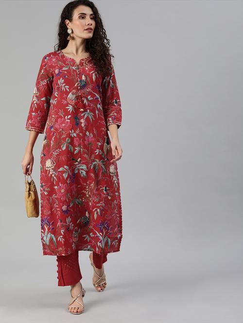 red cotton kurta pant  set - 17608638 - Very Small Image - 1