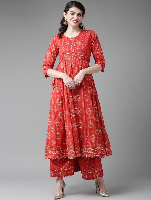 red cotton kurta palazzo  set - 17608664 - Very Small Image - 1