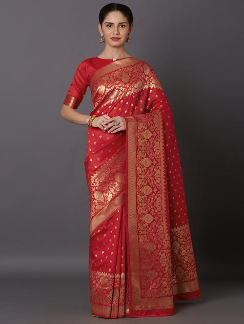 women's self design red colored saree with blouse - 17610327 - Very Small Image - 1