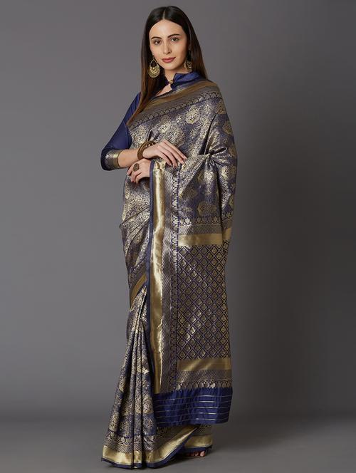 women's self design navy blue colored saree - 17610357 - Very Small Image - 1