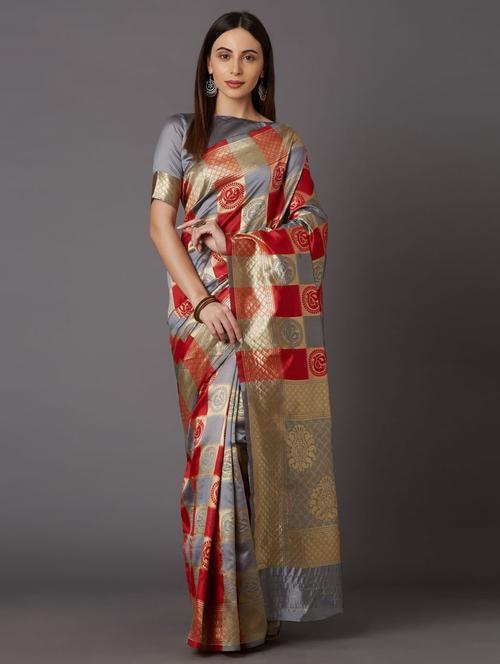 women's checks grey colored saree with blouse - 17610365 - Very Small Image - 1