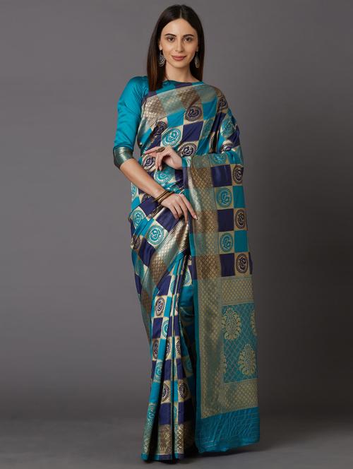 women's checks turquoise colored saree with blouse - 17610366 - Very Small Image - 1