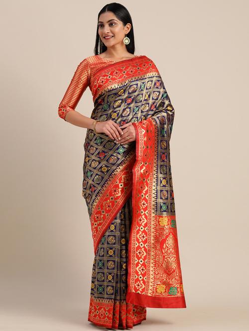 women's self design navy blue colored saree with blouse - 17610438 - Very Small Image - 1