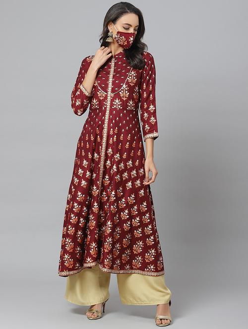 maroon anarkali kurta with face mask  - 17612619 - Very Small Image - 1