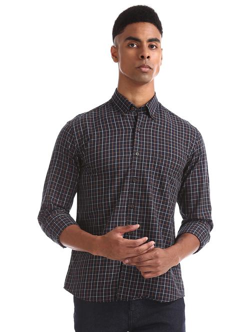 navy blue checkered casual shirt - 17616568 - Very Small Image - 1