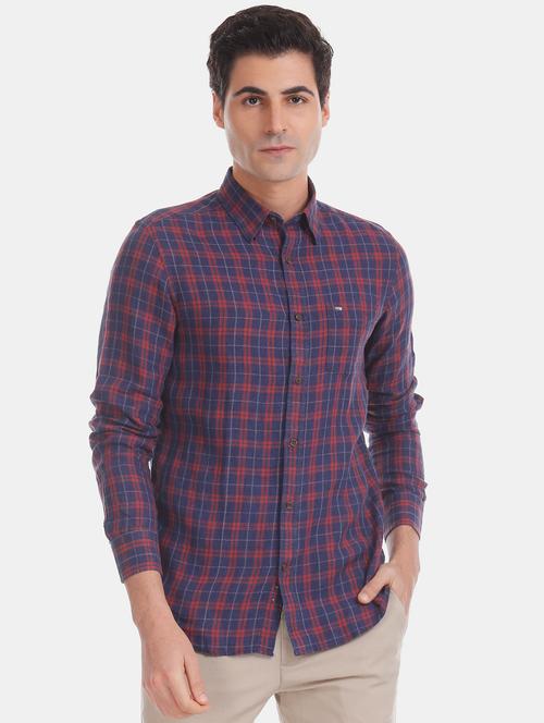 navy blue checkered linen casual shirt - 17616585 - Very Small Image - 1