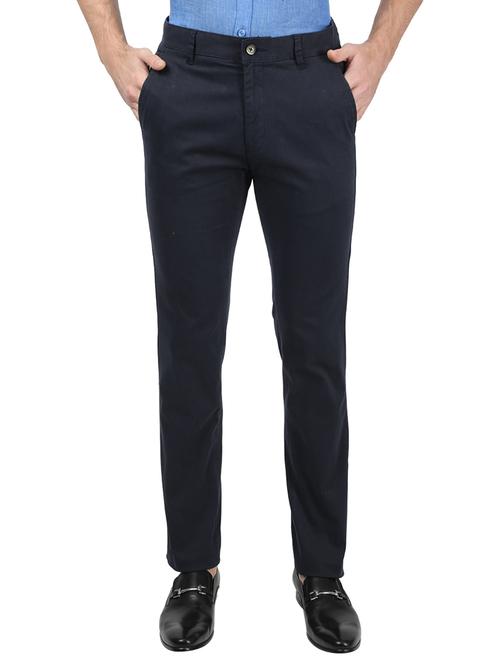 navy blue solid flat front casual trouser - 17617463 - Very Small Image - 1