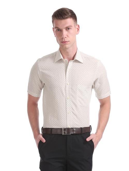 beige printed linen formal shirt - 17618105 - Very Small Image - 1