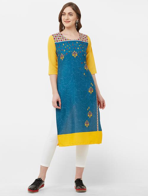 turquoise crepe straight kurta - 17619229 - Very Small Image - 1