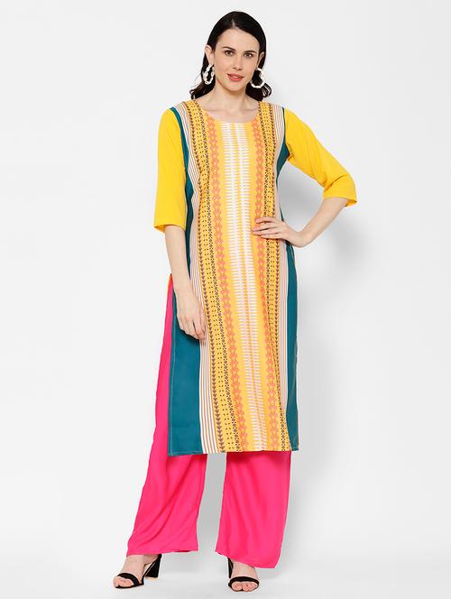 yellow crepe straight kurta - 17619328 - Very Small Image - 1