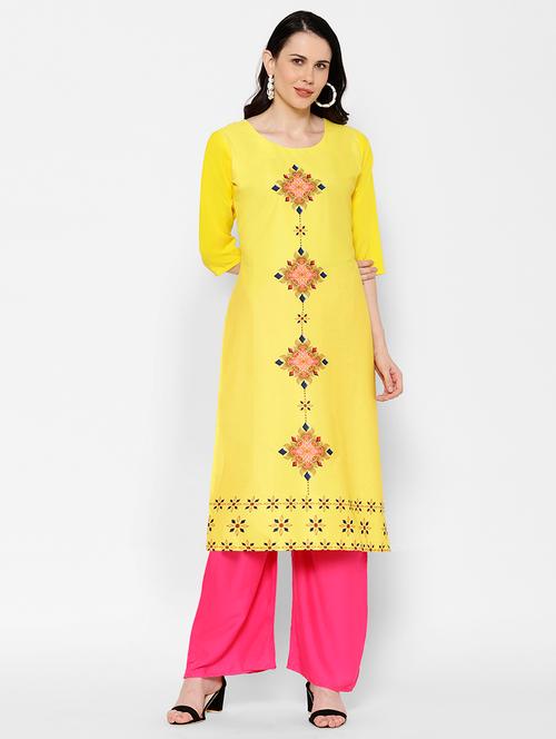 yellow crepe straight kurta - 17619330 - Very Small Image - 1