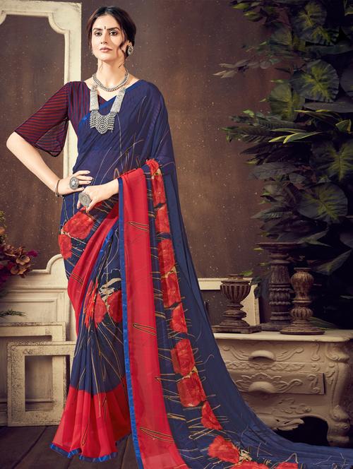 navy georgette printed saree with blouse - 17620986 - Very Small Image - 1
