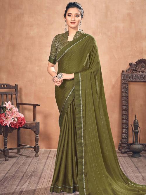 mehandi chiffon handloom saree with blouse - 17621158 - Very Small Image - 1