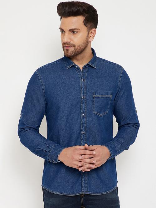 blue solid denim casual shirt - 17623977 - Very Small Image - 1