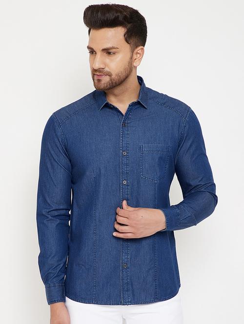 blue solid denim casual shirt - 17623978 - Very Small Image - 1