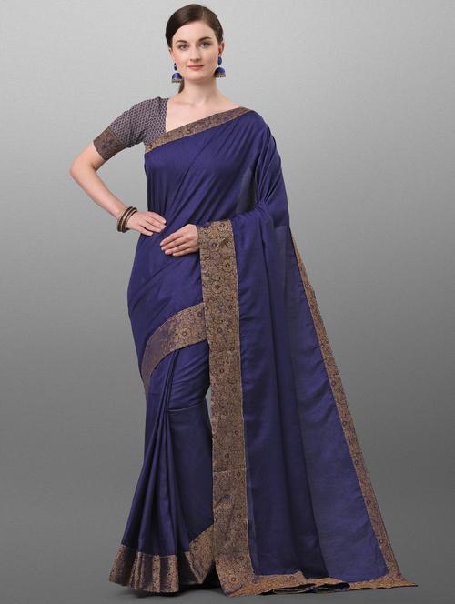 navy cotton bordered saree with blouse - 17628347 - Very Small Image - 1