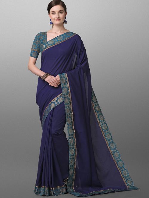 navy cotton bordered saree with blouse - 17628348 - Very Small Image - 1
