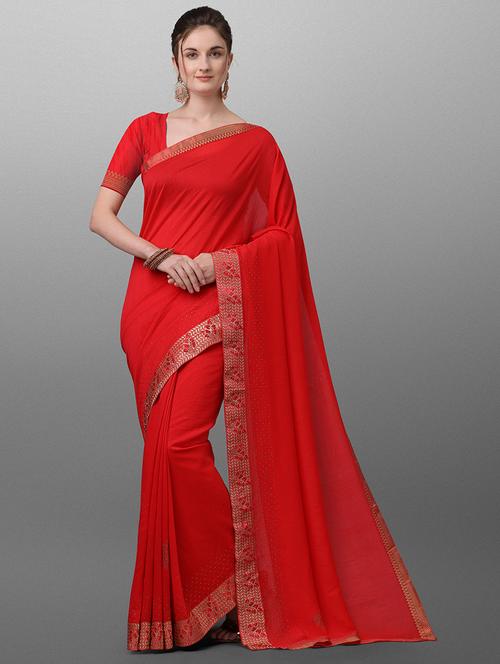 solid bordered saree with blouse - 17628357 - Very Small Image - 1