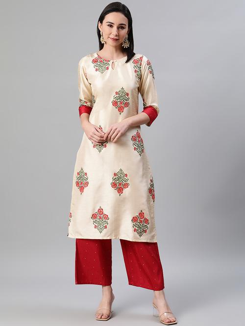 cream art silk kurta palazzo  set - 17628633 - Very Small Image - 1