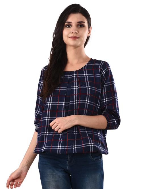 round neck checkered blouson top  - 17628757 - Very Small Image - 1