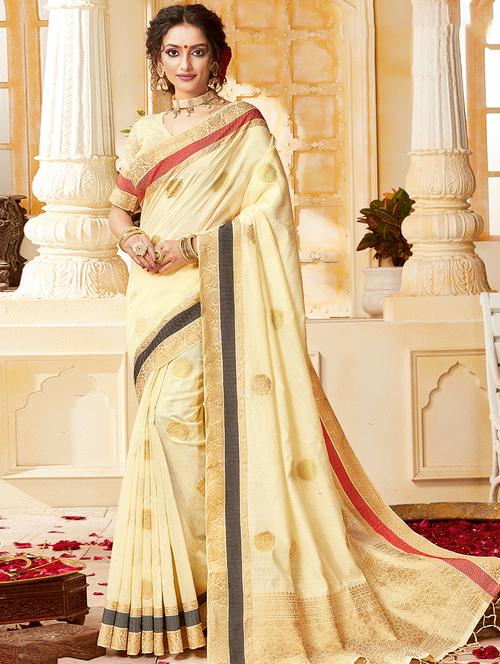 women's self design cream colored saree with blouse - 17629498 - Very Small Image - 1