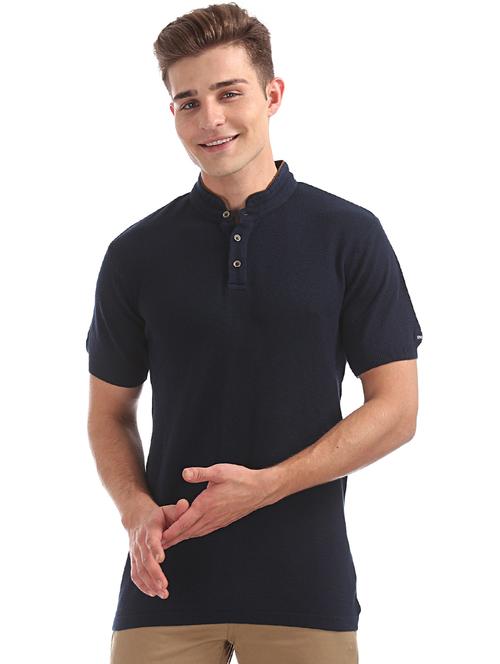 navy blue self design collared t-shirt - 17630516 - Very Small Image - 1