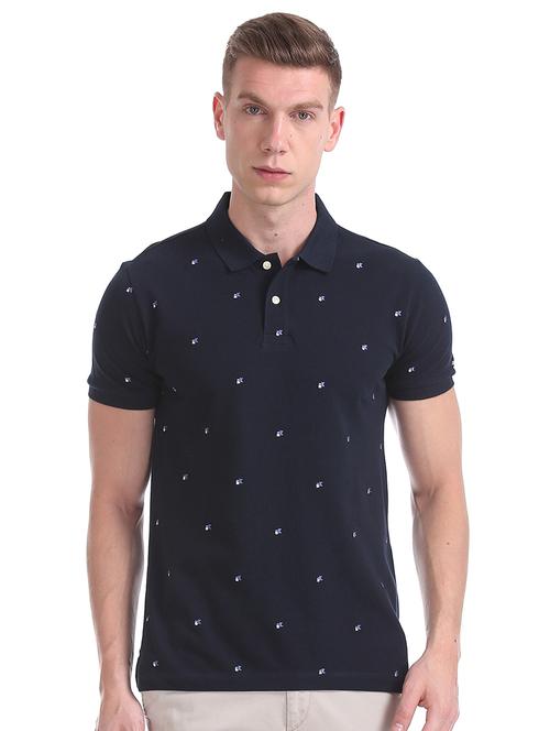 dark blue printed polo t-shirt  - 17630654 - Very Small Image - 1