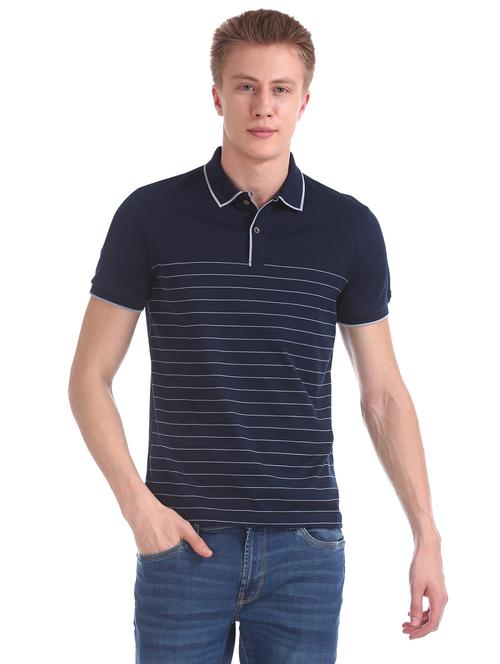 navy blue striped polo t-shirt  - 17630671 - Very Small Image - 1