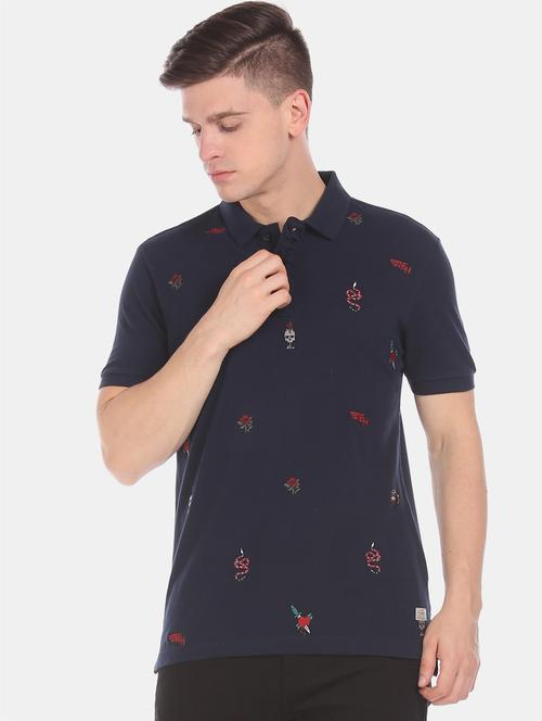 navy blue self design polo t-shirt - 17630954 - Very Small Image - 1