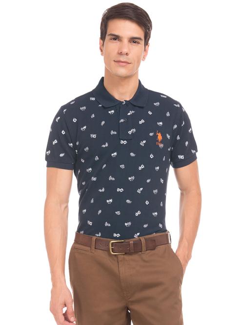 navy-blue printed polo t-shirt  - 17631757 - Very Small Image - 1