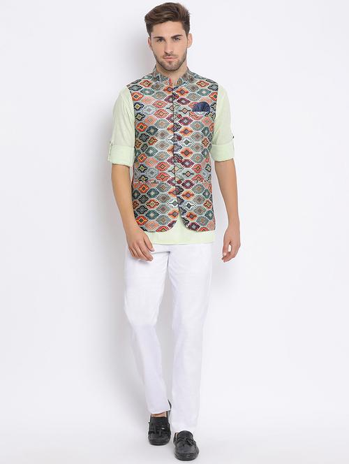 green solid silk blend kurta pant set with printed nehru jacket - 17633319 - Very Small Image - 1