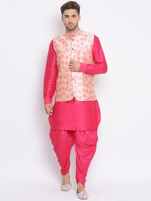 pink solid silk blend dhoti kurta set with printed nehru jacket - 17633327 - Very Small Image - 1