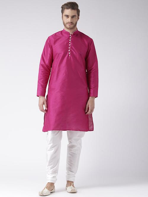 pink solid silk blend kurta pyjama set - 17633329 - Very Small Image - 1