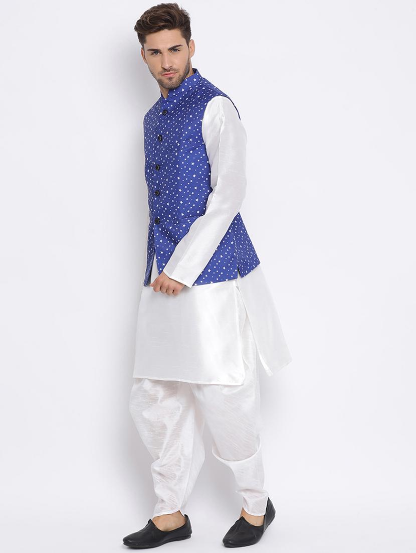 white dhoti kurta set with blue printed nehru jacket - 17633335 - Zoom Image - 2