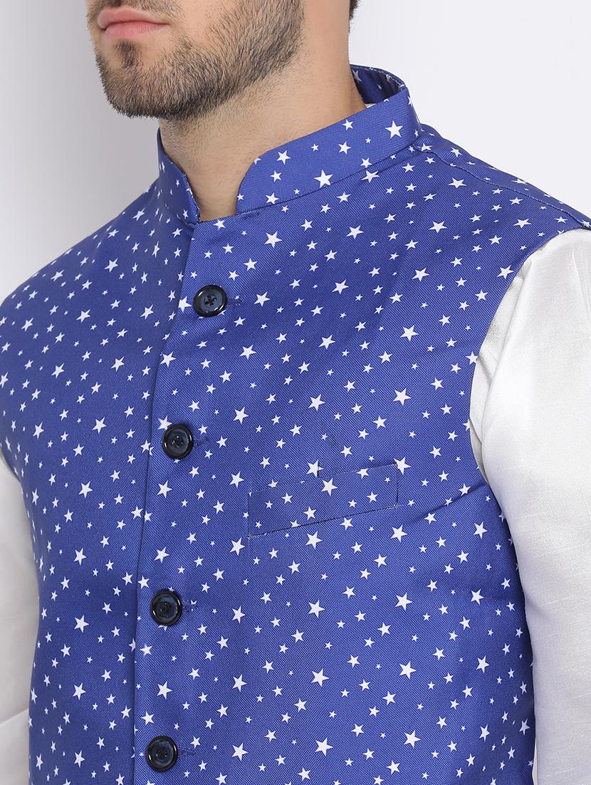 white dhoti kurta set with blue printed nehru jacket - 17633335 - Standard Image - 4