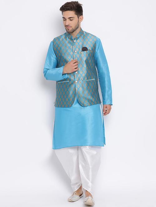 blue dhoti kurta set with blue printed nehru jacket  - 17633361 - Very Small Image - 1