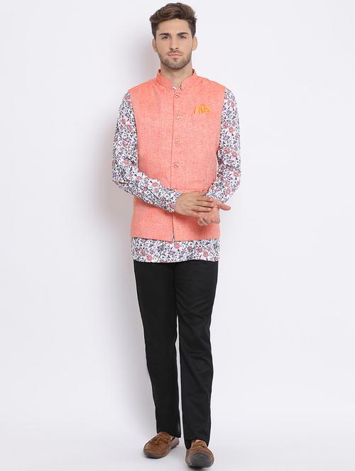 white printed silk blend kurta pant set with peach solid nehru jacket - 17633385 - Very Small Image - 1