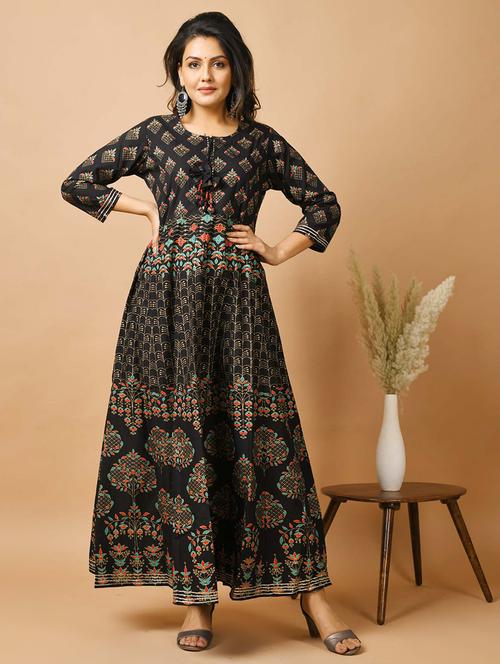 black cotton fit & flare ethnic dress - 17640004 - Very Small Image - 1
