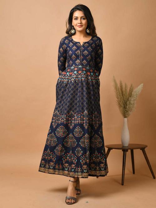 navy blue fit & flare ethnic dress - 17640007 - Very Small Image - 1