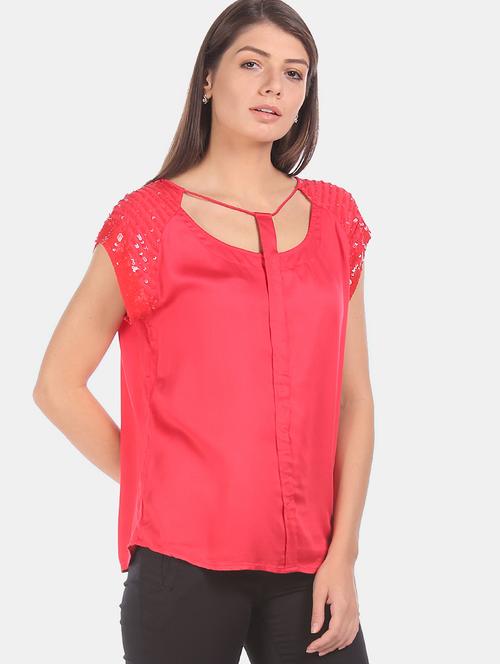 cutout round neck embellished top - 17645354 - Very Small Image - 1