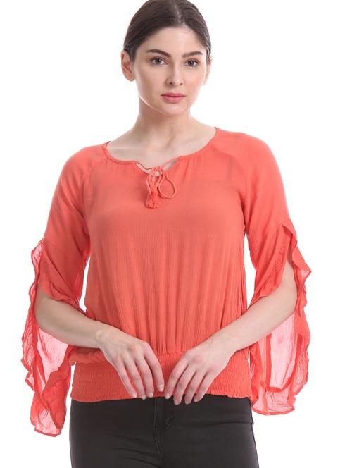 tie up neck smocked hem top - 17645484 - Very Small Image - 1