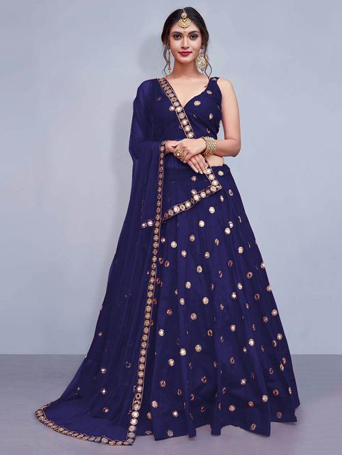 navy blue silk flared lehenga - 17658318 - Very Small Image - 1