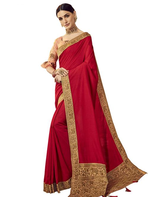 red chanderi bordered saree with blouse - 17661390 - Very Small Image - 1