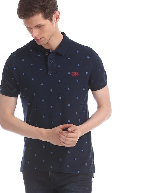 navy blue printed polo t-shirt - 17662535 - Very Small Image - 1