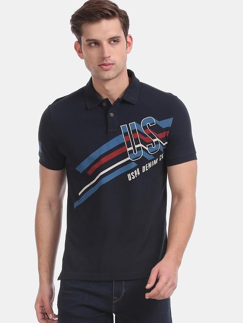 navy blue printed polo t-shirt - 17662545 - Very Small Image - 1