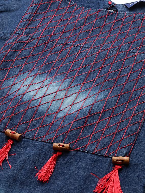 navy blue denim flared ethnic dress - 17666099 - Zoom Image - 4